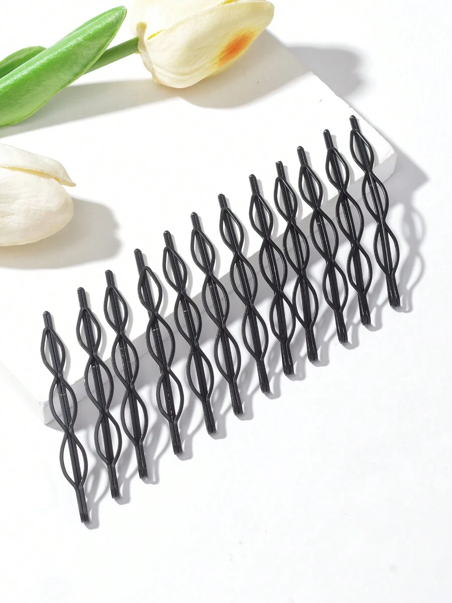 12入組簡約黑色基礎髮夾