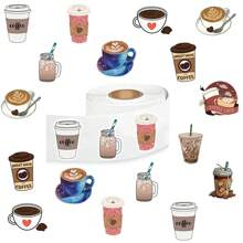 500pcs/roll Coffee Theme Stickers, Cute Cartoon Aesthetic 1 Inch Label Decal Roll With 10 Patterns, Self-adhesive Sealing Stationery Card Envelope, Perfect As Children Gift, Teenagers Party Supplies, Reward And Motivation - Multicolor - View 1