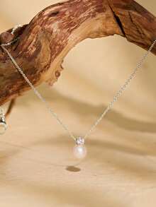 1pc Dainty Faux Pearl Zirconia Pendant Necklace Winter Sweater Necklace For Women S925 Sterling Silver Fine Ladies Jewelry Gift - White - View 3