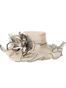 HIMESPORT 米色大檐頂及羽毛女士無邊帽,織物帽,結婚派對肯塔基無邊帽, 帶有蝴蝶羽毛裝飾