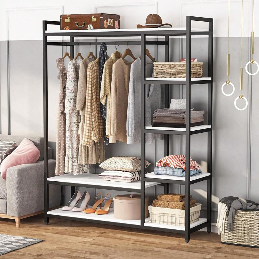 Tribesigns Free-standing Closet Organizer, Heavy Duty Clothes Closet, Portable Garment Rack with 6-tier Shelves and Hanging rod, Black Metal Frame & White Board (white&black) - Black and White - View 1