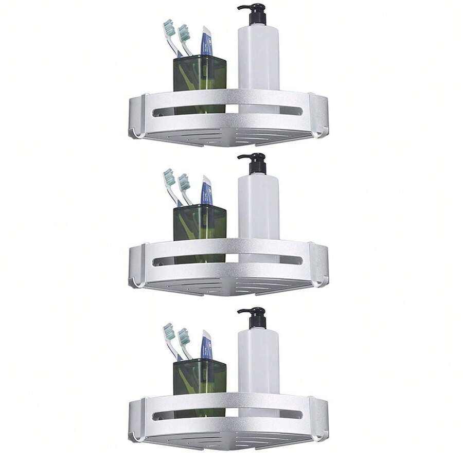 BESy Shower Corner Caddy Bathroom Shower Corner Shelf With Two Hooks, Self Adhesive With Glue Or Wall Mount With Screws, Heavy Duty Aluminum Storage Shelves Triangle Baskets, Dull Polished Silver - Dull Polished Silver - View 1