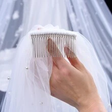 1pc Faux Pearl Edged Short Wedding Veil For Bride, Finger Length - White - View 7