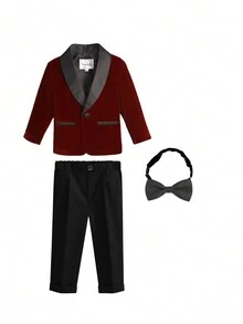 3 Stück/Set Anzug für Kleine Jungen, Jacke + Hose + Fliege, Gentleman Outfit, Herbst/Winter - Bordeaux - Übersicht 2