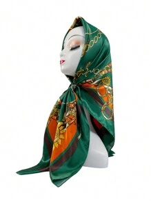 1 件女式人造絲圍巾方形圍巾頭帶鏈條、髮飾頭巾、沙灘圍巾、時尚披肩、戶外圍巾適合節日和日常佩戴 - 綠色 - 查看 5