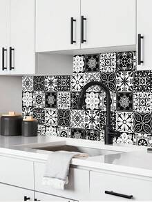 1set/10pcs Self-adhesive Removable Pvc Kitchen Sticker, Black And White Floral Pattern Waterproof Square Wall Decal For Home Decor - Multicolor - View 10