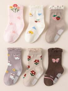 6pairs Sweet Style Anti-Slip Baby Socks For Toddler Girls, Soft & Seamless Children Home Socks