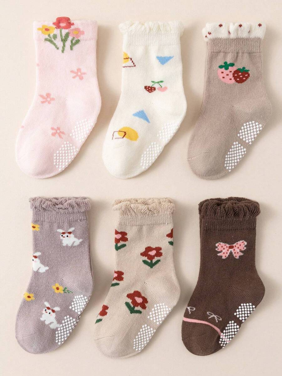 6pairs Sweet Style Anti-Slip Baby Socks For Toddler Girls, Soft & Seamless Children Home Socks