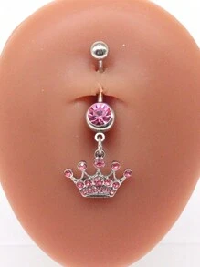 1個皇冠與粉色鑽石肚臍環,不銹鋼身體穿刺飾品 - 銀色 - 查看 1