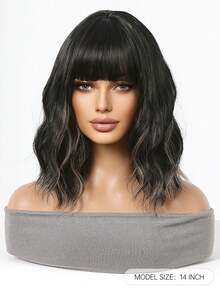 女士用黑色混合棕色14英寸短波浪頭假髮,帶瀏海捲曲波波頭,肩長短髮造型合成纖維防熱波波頭假髮 - 彩色 - 查看 4