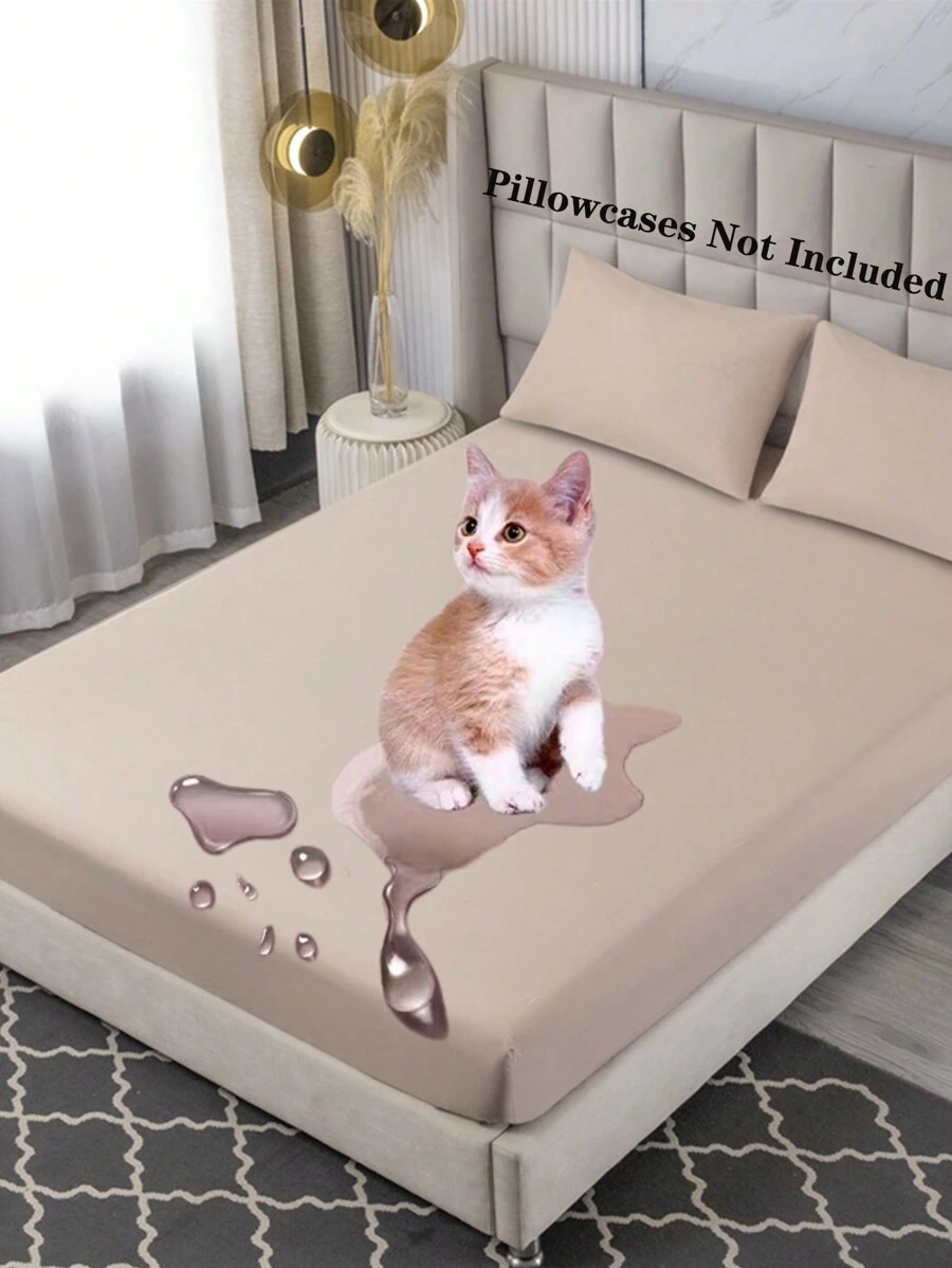 1pc Waterproof Bed Cover Mattress Protector Dustproof, Leakproof, Breathable And Anti-Slip Fitted Sheet (No Pillowcase Included) - Khaki - View 1