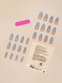 24 Uñas Postizas Con Forma De Ataúd Azul Cielo Degradado Con Decoración De Diamantes De Imitación, 1 Almohadilla Y 1 Pegamento De Gelatina - Celeste - Ver 3