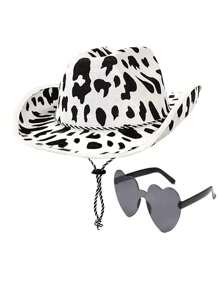 新奇的牛印紋牛仔帽與心形太陽眼鏡配件,適用於女性男性成年人西部單身派對主題派對,牛仔女裝配件