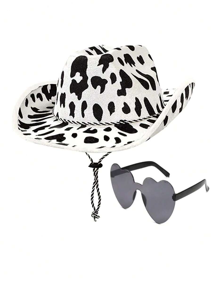 新奇的牛印紋牛仔帽與心形太陽眼鏡配件,適用於女性男性成年人西部單身派對主題派對,牛仔女裝配件