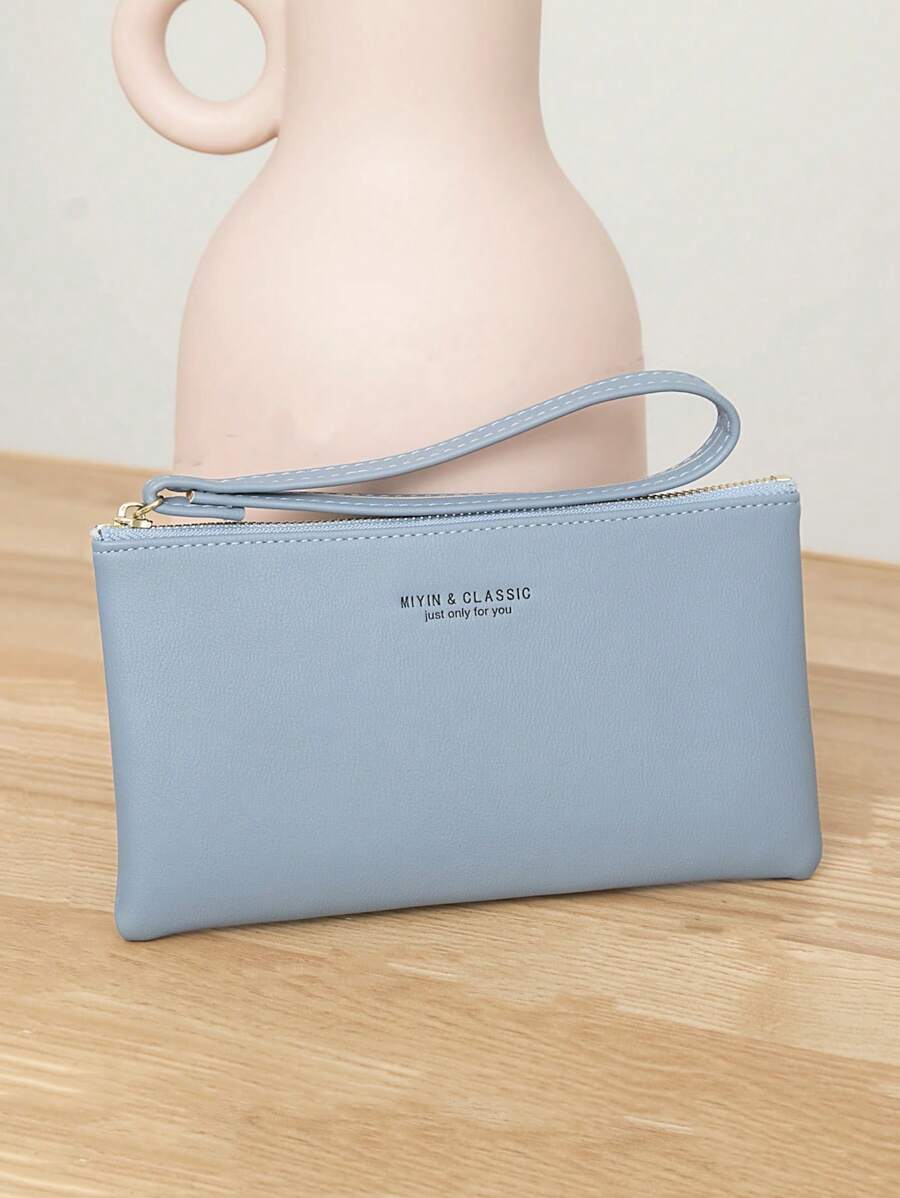 MIYIN Letter Pattern Phone Wallet, Women's Fashion Zipper Wallet With Card Slots, Minimalist Solid Color Casual Faux Leather Super Thin Wallet, Suitable For Young Girls, Ladies, Office Ladies And Moms (Light Blue), Women's Wallet, Clutch, Long Wallet, Wristlet Wallet - Baby Blue - View 1