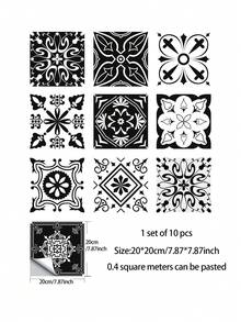 1set/10pcs Self-adhesive Removable Pvc Kitchen Sticker, Black And White Floral Pattern Waterproof Square Wall Decal For Home Decor - Multicolor - View 4