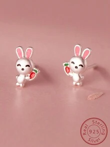 1對可愛的925純銀磨砂兔子和胡蘿蔔耳釘,男女兩用風格