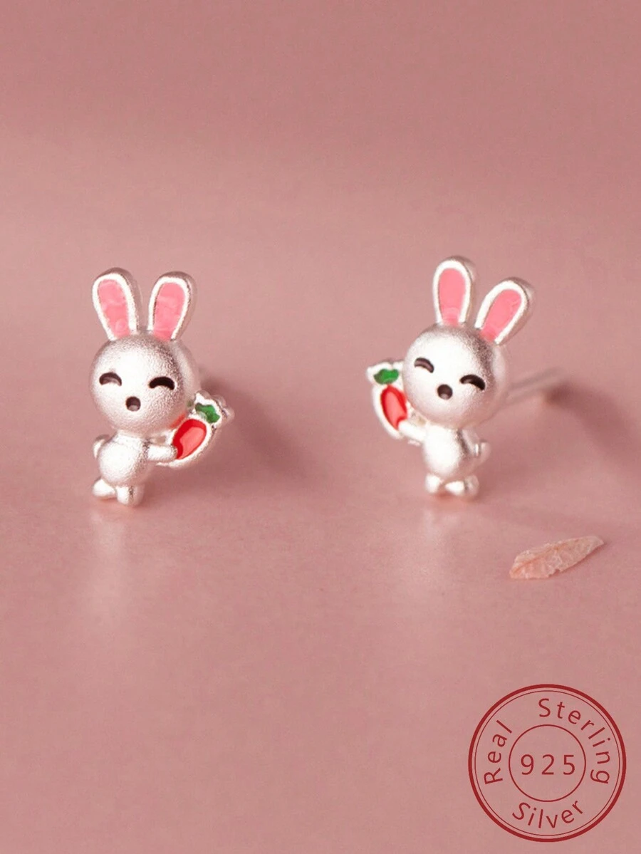 1對可愛的925純銀磨砂兔子和胡蘿蔔耳釘,男女兩用風格