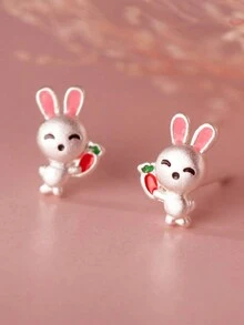 1對可愛的925純銀磨砂兔子和胡蘿蔔耳釘,男女兩用風格