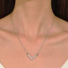 1pc Alphabet Shaped Necklace For Women With Pearl & Rhinestone Decor, V Collarbone Chain - Silver - View 3