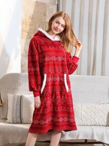 Una Bata De Dormir Para Mujer Con Capucha De Lana De Cordero De Coral De Navidad Roja Con Bolsillo Y Diseño De Parche De Piel Sintética Gruesa - Rojo - Ver 1