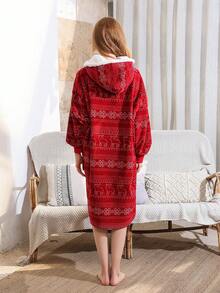 Una Bata De Dormir Para Mujer Con Capucha De Lana De Cordero De Coral De Navidad Roja Con Bolsillo Y Diseño De Parche De Piel Sintética Gruesa - Rojo - Ver 6