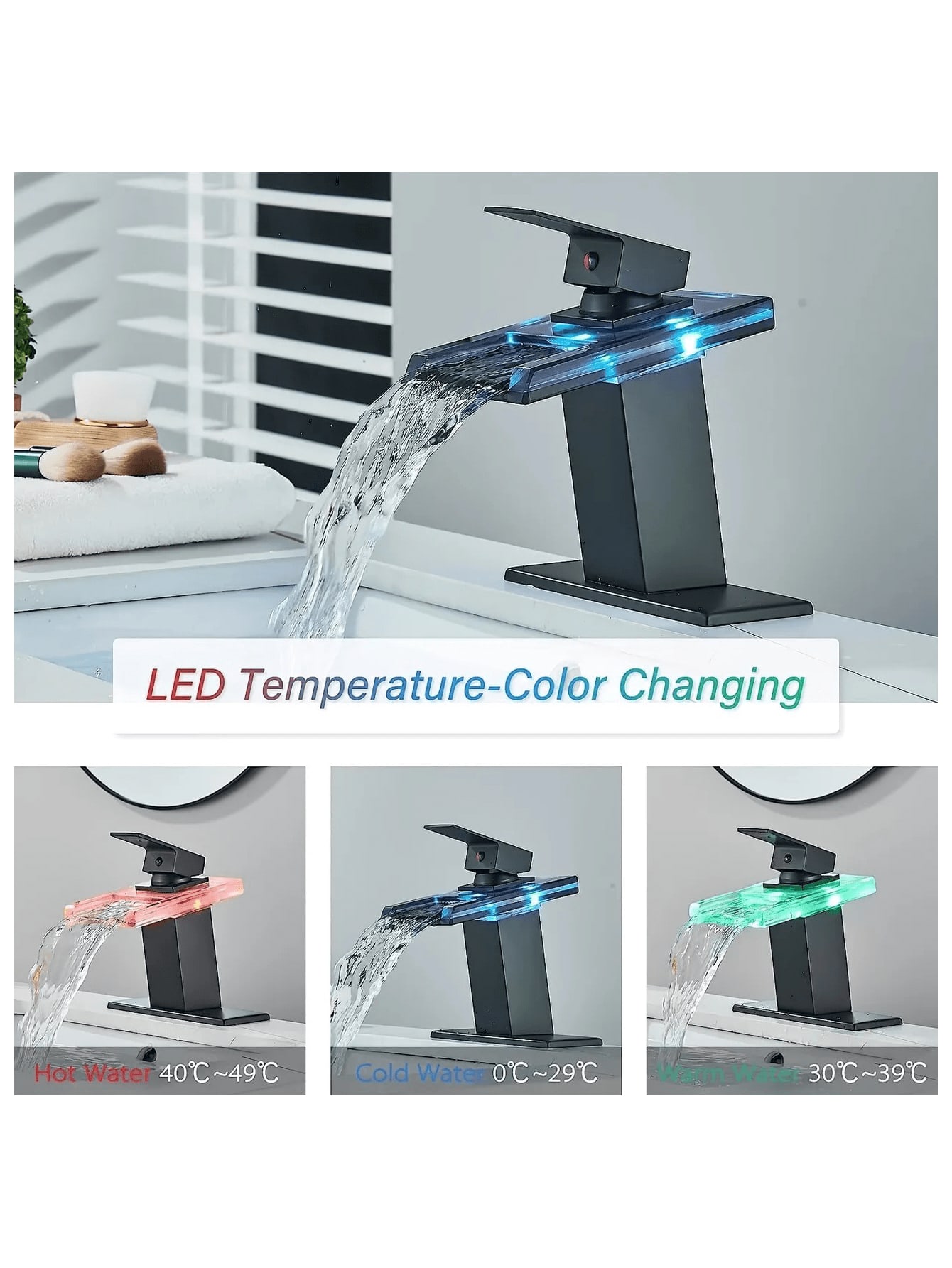 Silver Led Bathroom Faucet, Matte Black Waterfall Bathroom Faucet