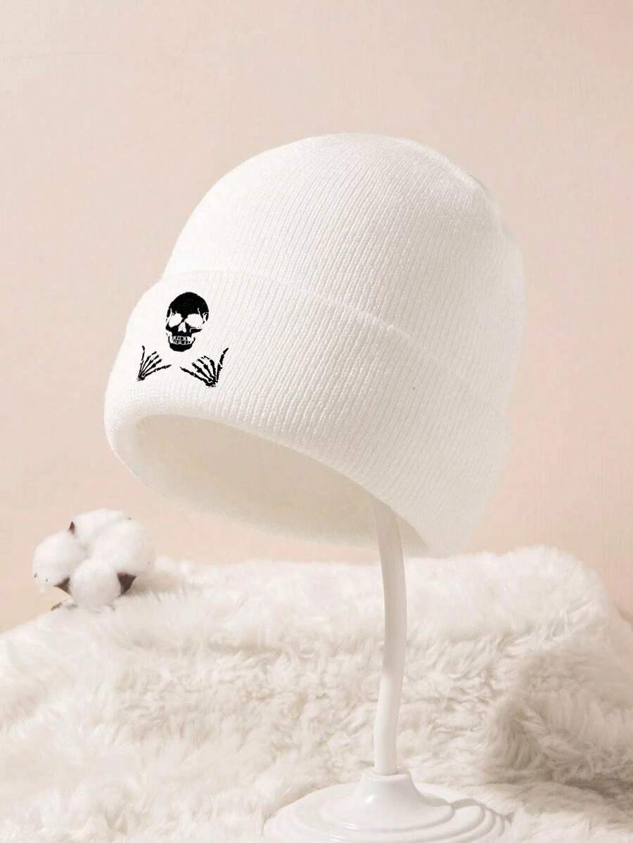1pc Children's Embroidered Knit Hat With Skull Design - White - View 1