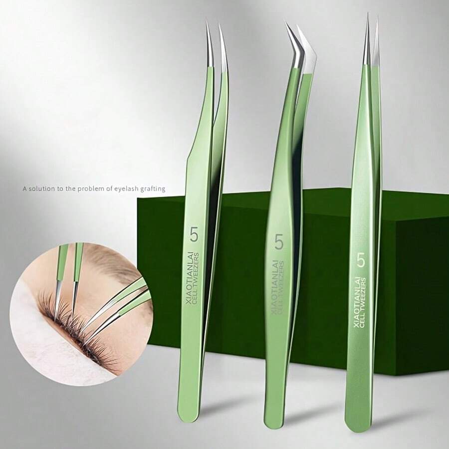 Light Green Eyelash Tweezers 3pcs/set + Cute Dolphin Shaped Storage Box - Green - View 1