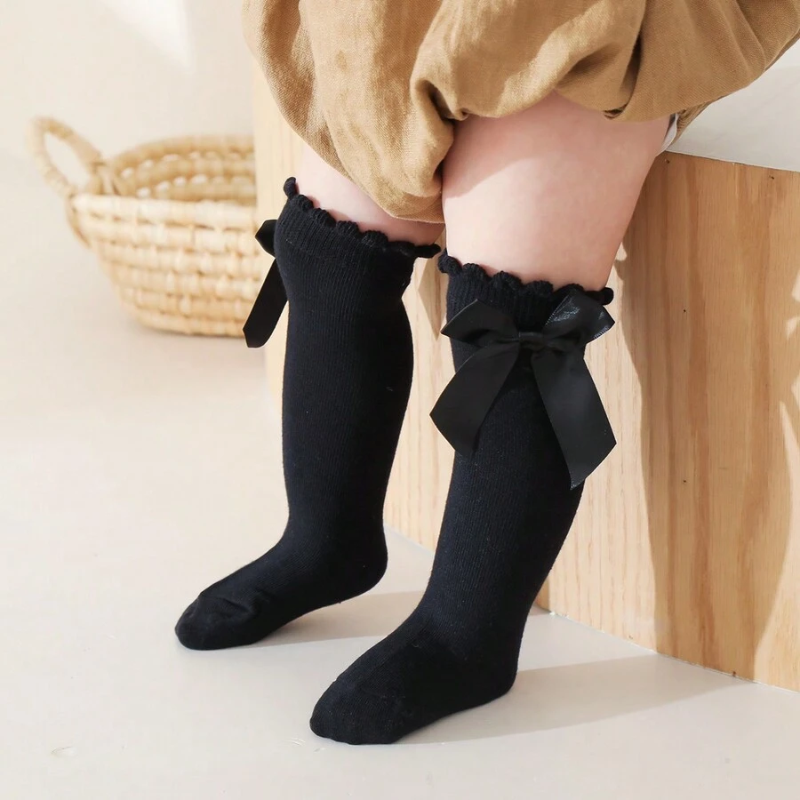 1 Pair Baby Girls' Mid-Calf Socks With Big Bow, Simple Design - Black - View 1