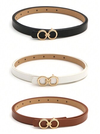 3pcs Women's Golden Styling Buckle Black, White And Brown Versatile Fashion Casual Belt Universal For All Seasons Summer, School Fall, Autumn, Halloween