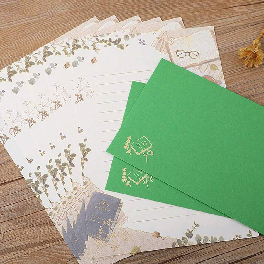 6 張 + 3 個信封套裝優雅婚禮邀請函紙和信封帶燙金 - 綠色 - 查看 1