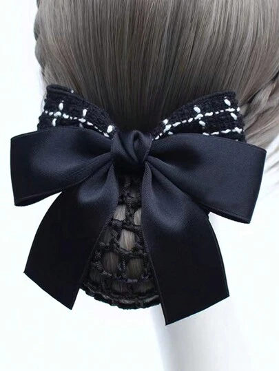 1件优雅时尚黑色发网，蝴蝶结设计，配有强力弹簧夹，适合女性日常通勤、情人节、上学、大学等场合，可爱又时尚，是女性发饰的理想之选。