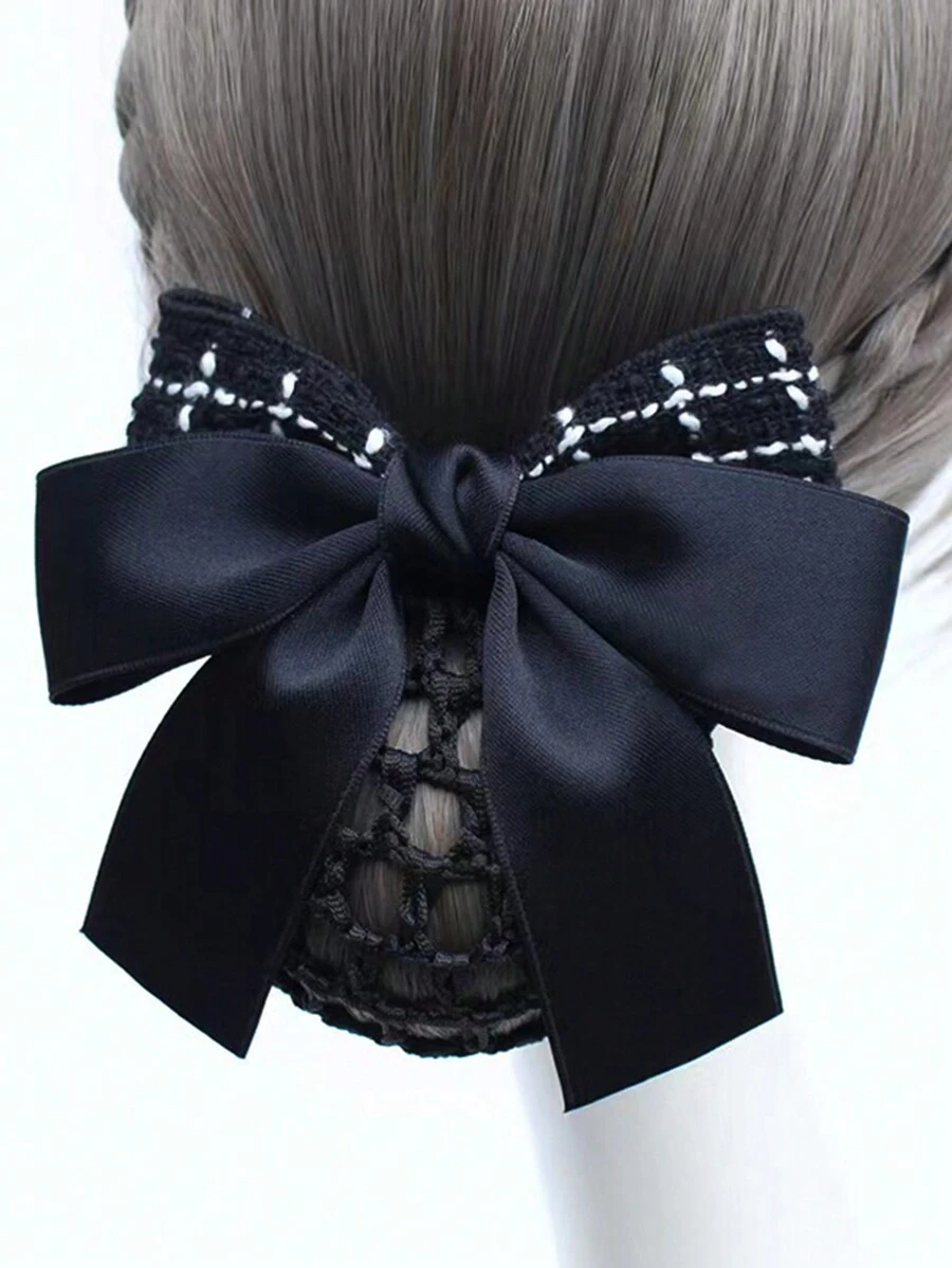 1件优雅时尚黑色发网，蝴蝶结设计，配有强力弹簧夹，适合女性日常通勤、情人节、上学、大学等场合，可爱又时尚，是女性发饰的理想之选。 - 黑色 - 查看 1