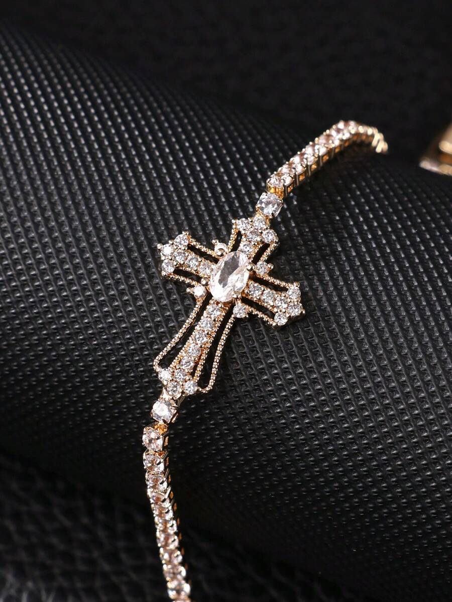 豪華全鑲嵌十字網球雙扣可調節手鍊滿天星十字網球手鍊女款聖誕禮物情人節禮物生日禮物