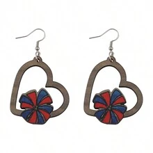 1對復古啦啦隊手擺、花朵造型垂墜耳環,雙面木製運動盛會耳飾,女款