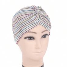 1pc Ladies' Silver Thread Pleated Elastic Headscarf Head Wrap - Black - View 8