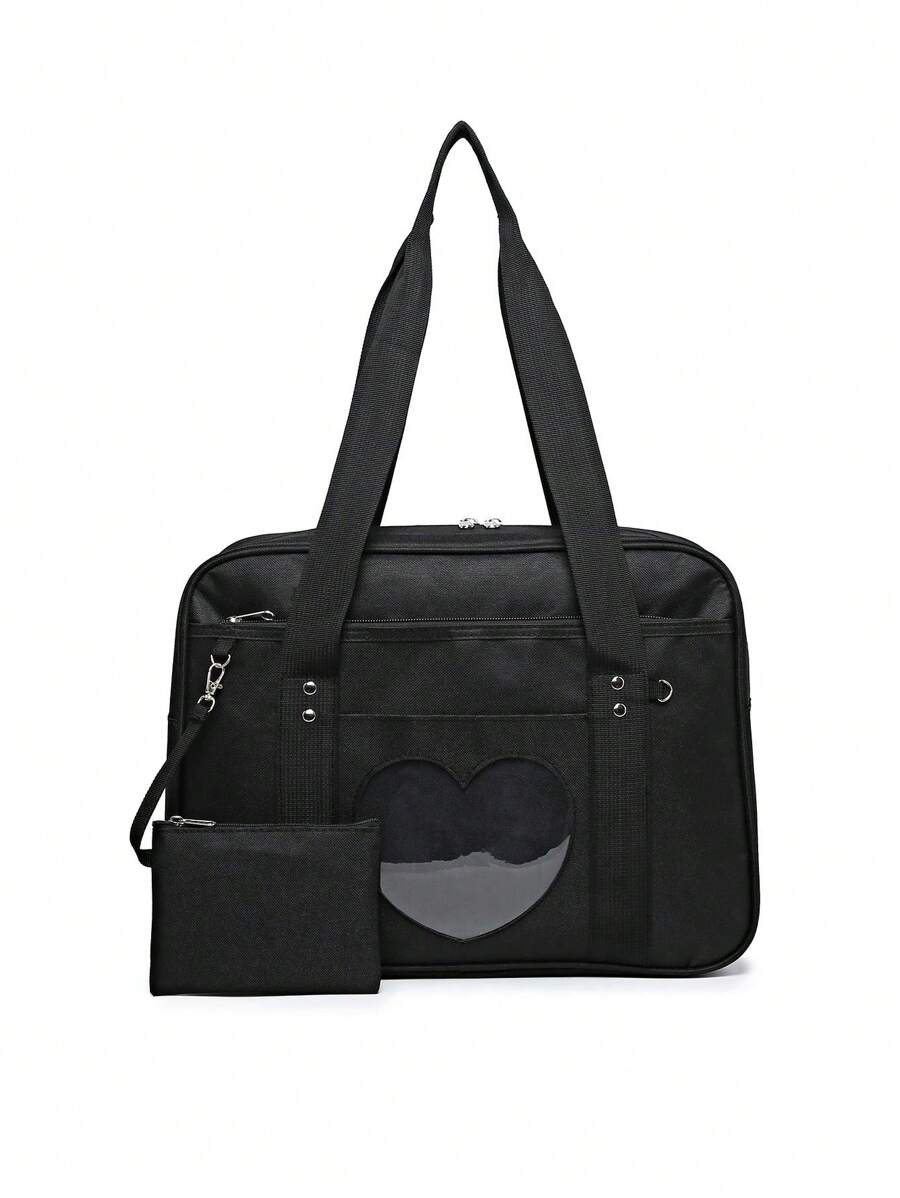 Kawaii Ita - Bolsa De Escuela Japonesa Bonita Bolsa De Mano Con Hombros Grandes, DiseñO De CorazóN De Anime,Mochila Escolar Japonesa Con CalcomaníA De Anime Kawaii, Mochila Kawaii, Mochila Con CorazóN, Mochila De Anime,Bolso JaponéS Con Forma De CorazóN Para Ventana Y Ventana,Negro/Rosa Claro/Morado - Negro - Ver 1