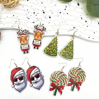 4 Pairs/set Christmas Themed Cartoon Wooden Pendant Earrings Set, Including Santa Claus, Reindeer, Candy Cane, Christmas Tree