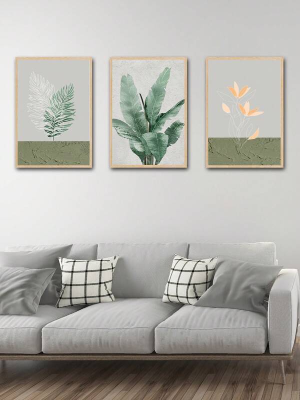 3pcs/set Frameless Modern Minimalist Style Polyester Fiber Floral Art Print In Green, Blue And Grey, Ideal For Living Room, Bedroom, Study Room Decoration