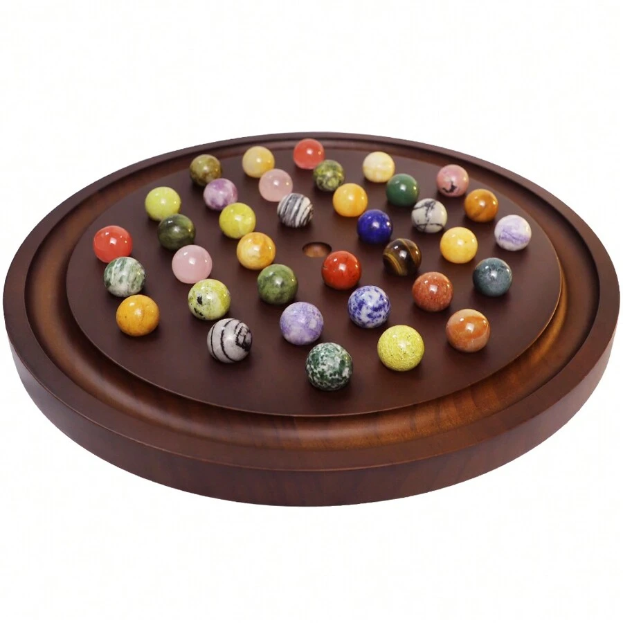 Large Solitaire Game Handmade Solid Wooden Marble Board Game Set with 36 Natural Marble Marbles Classic - Brown - View 1