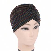 1pc Ladies' Silver Thread Pleated Elastic Headscarf Head Wrap - Black - View 10