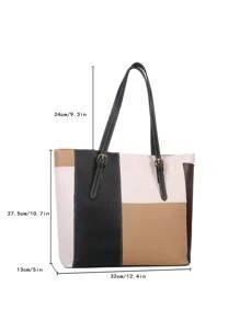 Women's Fashion Versatile Color Block Tote Bag, Lightweight Minimalist, Soft Material Large Capacity Shoulder Bag - Khaki - View 7