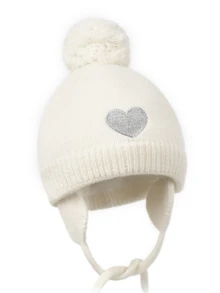 1 件装婴儿无檐帽刺绣爱心护耳帽新生儿男女宝宝保暖针织无檐帽带双层厚实保暖内衬 - 米色 - 查看 2