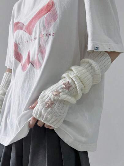 1對時尚白色袖套手套,粉色星星裝飾厚手臂保暖套,朋克&y2k風格的無指手套,適用於休閒、約會、家庭和戶外使用