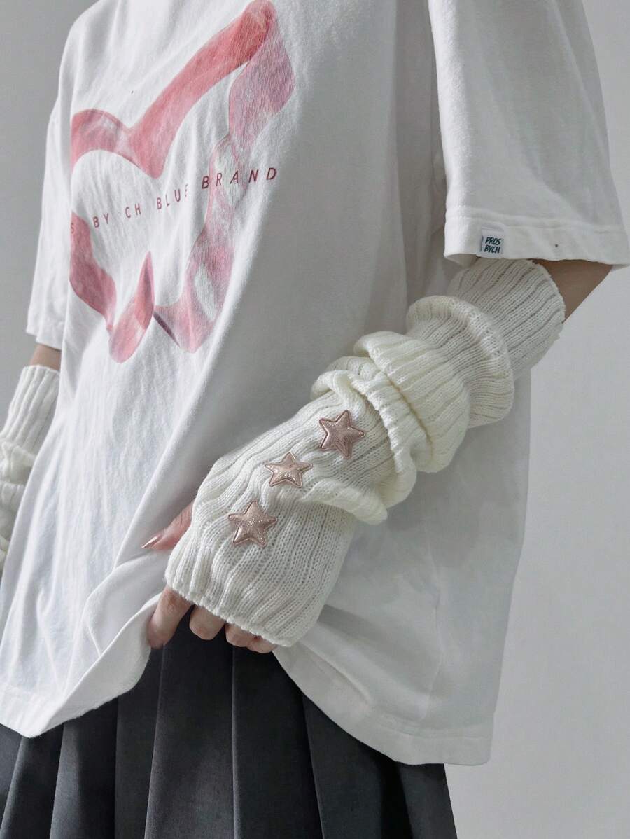 1對時尚白色袖套手套,粉色星星裝飾厚手臂保暖套,朋克&y2k風格的無指手套,適用於休閒、約會、家庭和戶外使用