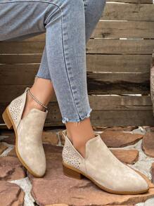 女式透氣粗跟短靴,時尚戶外、休閒、復古英式踝靴 - 米色 - 查看 5