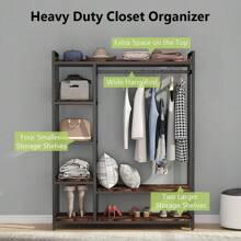 Tribesigns Free-standing Closet Organizer, Heavy Duty Clothes Closet, Portable Garment Rack with 6-tier Shelves and Hanging rod, Black Metal Frame & White Board (white&black)