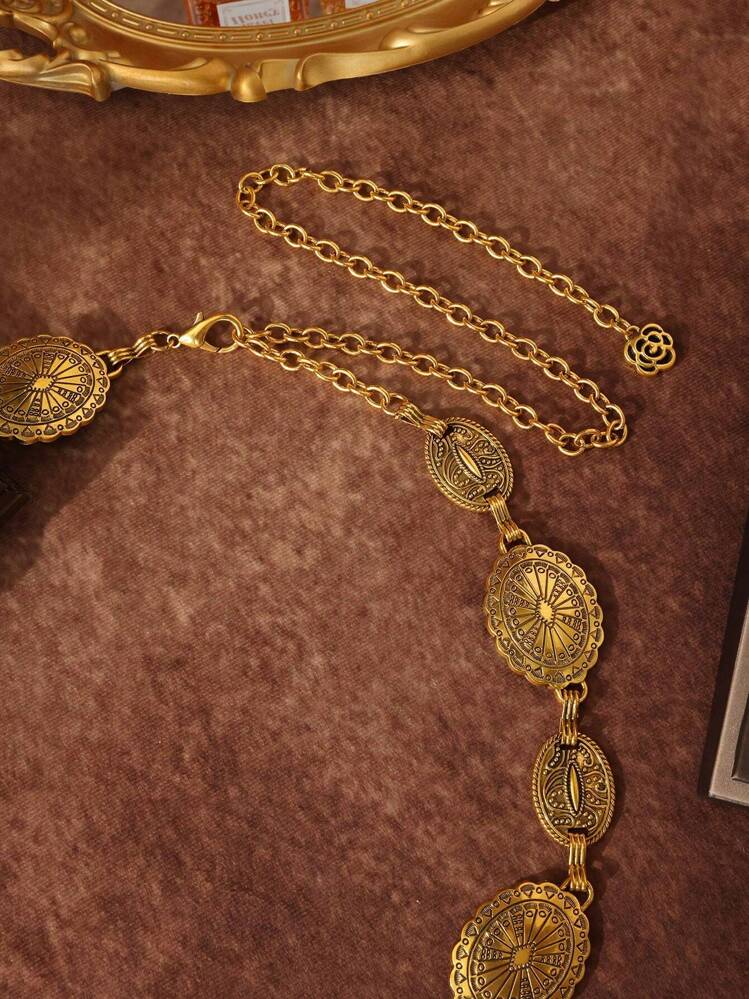 1pc Ladies' Bohemian & Western Style Carved Flower & Geometric Pattern Vintage Waist Chain, Casual And Fashionable, Gold Color Boho Summer, School Fall, Autumn, Halloween - Gold - View 2