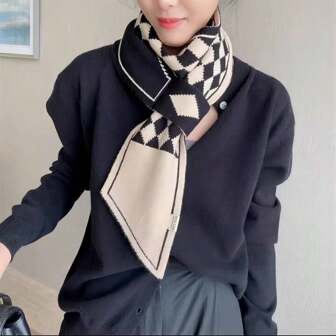 1pc Women's Knitted Scarf With Black And White Grid, No Knot, Keep Warm And Fashionable, Suitable For Daily Use Elegant